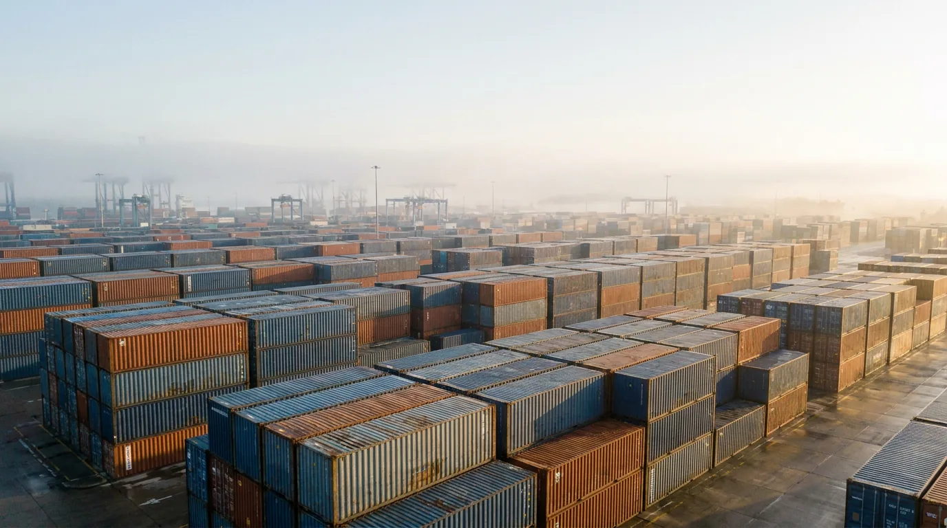 Stacked shipping containers at a port terminal at dawn